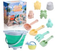 GSrenyu 11pcs Beach Sand Toys Set for Kids Toddlers, Outdoor Beach Toys with Collapsible Beach Buckets, Sand Molds, Watering Can and Spade Set, Beach Toys for Kids Boys Girls