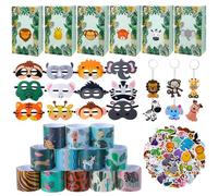 GSrenyu 128Pcs Party Animal Party Bag Fillers,Kids Wild Animals Bag,Felt Animal Masks,Kids Stickers 80 Patterns,Slap Bracelets,Jungle Keychains for Kid Party