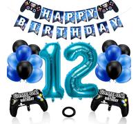 GSrenyu 12th Birthday Decorations for Boys, Gaming Theme Party Decorations Set for Gamers, Happy Birthday Banner Game Controller Balloons Black Blue Balloons for Kids Party Supplies