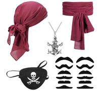 GSrenyu 16Pcs Pirate Costume Accessories Set, Pirate Fancy Dress Costume Accessory Set for Women Men, Bandana and Large Sash Belt Moustaches Eyepatch for Carnival Halloween