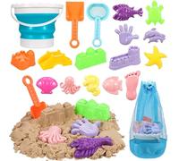 GSrenyu 18Pcs Beach Toy Set,Foldable Beach Bucket with Sea Animals Molds Sand Shovels Mesh Bag,Play Sand Toys Kit Outdoor Fun Tools for Kids Boys Girls