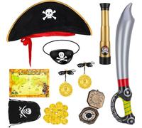 GSrenyu 19pcs Pirate Accessories Set - Pirate Costume Dress Up Set with Hat, Eyepatch, Treasure Map, Compass & Inflatable Telescope for Halloween & Party