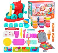 GSrenyu 2 in 1 Play Dough Set, 51Pcs Kitchen Creations with Noodle Hamburger Maker Machine, 24 Colors Dough and Cutters Play Food Toys Modelling Dough Set for Kids