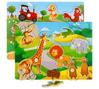GSrenyu 2 Set Wooden Jigsaw Puzzles for Kids 3-5, Farm Animals Peg Puzzles Full-Color Pictures Chunky Child Puzzle for Preschool Educational