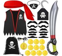 GSrenyu 29Pcs Pirate Costume Accessories Set, Kids Pirate Captain Cosplay Accessories, Includes Eyepatch,Waistcoat,Sword,Mustache,Treasure Bag,Hand Hook,Turban,20 Coins,Unisex-Kids,Ages 4-8