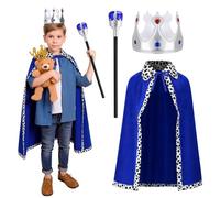 GSrenyu 3 Pcs King Costume Set for Kids with Crown, 42 cm Sceptre, 80 cm Cape, Kids King & Prince Charming Medieval Costume for Birthday Party, Theme Fancy Dress, Halloween, Carnival