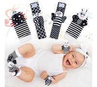 GSrenyu 4Pcs Baby Toys Baby Rattle Socks Wrist Strap Rattles Set, Soft Black and White Bee Ladybug Baby Brain Development Rattle Toy, Newborn Foot Finder Socks & Wrist Rattles for Babies 0-12 Months