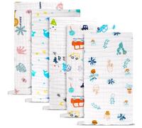 GSrenyu 5 Pack Large Baby Muslin Squares 100% Cotton 50x25cm Muslin Cloths for Newborn, Super Soft Absorbent Face Cloths, Ideal for Wiping Cleaning Bathing- Animals, Cars, Whales, Plants, Dinosaurs