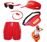 GSrenyu 5 PCs Life Guard Costume Set, Life Guard Accessories Set Include Life Guad/Whistle/Hat/Sun Glasses/Shorts/Adjustable Fanny Pack, Life Guard Fancy Dress Costume for Adult Pool Party
