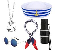 GSrenyu 5 Pcs White Sailor Hat Captain Hat, Telescope, Sunglasses, Neckerchief, Necklace Sailor Outfit for Kids Men Women Captains Dressing up Party, Festivals Cosplay