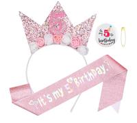 GSrenyu 5th Birthday Decorations for Girls,Headband Glitter Sash and Badge Set for 5 Year Old Girls Birthday Decorations,Flower Princess Crown Headband