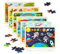 GSrenyu 6 Packs Wooden Puzzles for Kids, 60 Piece Children’s Jigsaw Puzzles, Space, Animals, Ocean, Dino, Farm, Transportation Puzzle Toys for 3+ Year Old, Wood Jigsaw Toys Gifts for Boys Girls