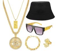 GSrenyu 6 Pcs Hip Hop Costume Kit 80s 90s Fancy Dress Gangster Costume Rapper Accessories with Fisherman Hat Dollar Sign Necklace Rings Bracelet Sunglasses for Masquerade Party Carnival Rapper Concert