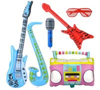 GSrenyu 6 Pcs Inflatable Guitar Inflatable Microphone Party Props Photo Booth Props with Glasses Guitar Bass Saxophone Radio Musical Instruments Accessories for 80s 90s Themed Disco Party Birthday