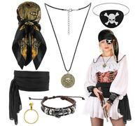 GSrenyu 6 Pcs Pirate Costume Accessories Adult Women, Medieval Pirate Bandana, Belt, Eye Patch, Earring, Necklace & Bracelet for Fancy Dress, Captain Role play, Halloween Party