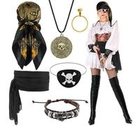 GSrenyu 6 Pcs Pirate Costume Accessories Women Men, Pirate Fancy Dress Accessories Medieval Pirate Bandana, Belt, Eye Patch, Earring, Necklace & Bracelet for Captain Role play, Halloween Party