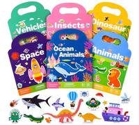 GSrenyu 6Pack Reusable 3D Sticker Book for Kids 3+ Year olds, Travel Activity Packs for Kids, Educational Learning Toy Include Themes Vehicle,Dinosaurs,Animals,Insect,Space,Ocean