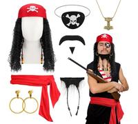 GSrenyu 7 Pcs Pirate Costume Accessories Women Men, Medieval Pirate Bandana, Wig, Beard, Belt, Eye Patch, Earring & Necklace for Fancy Dress, Captain Role play, Halloween Party