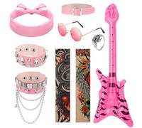 GSrenyu 7 Pcs Rock Star Fancy Dress Set, Gothic Rocker Costume with Retro Sunglasses Bandana Bracelet Inflatable Guitar, 70s 80s 90s Rockstar Disco Costume Accessories for Boys Girls Halloween