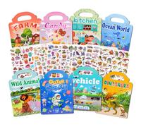 GSrenyu 8 Pack Reusable Sticker Book, Puffy Stickers Book, Vehicles, Farm, Kitchen, Candy, Dinosaurs, Sea World, Wild Animals, Outer Space, Educational Learning Toy for Toddler, Kids