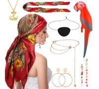 GSrenyu 8 Pcs Costume Accessories Set for Women,Pirate Role Play Outfit With Headscarf,Eye Patch,Earring,Necklace,Waist Chain,Hair Accessories for Halloween Party,Masquerade,Stage Performance