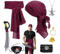 GSrenyu 8 Pcs Medieval Pirate Costume Accessory Set, Pirate Fancy Dress Accessories with Headband Waist Belt Eye Patch Necklace Bracelet Ring Inflatable Knife for Dress-Up Halloween Cosplay Party