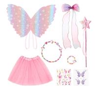 GSrenyu 8Pcs Fairy Costume for Girls, Butterfly Costume Kids with Butterfly Wings, Fairy Wand, Girls Hair Bows, Tutu, Bracelet, Necklace, Tattoo Sticker for Birthday, Performances and Photo Shoots
