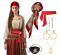 GSrenyu 9 Pcs Pirate Costume Accessories Set for Women - Headscarf Sash Anchor Necklace Eye Patch Earring Hair Accessories Waist Chain for Halloween Party Cosplay Carnival