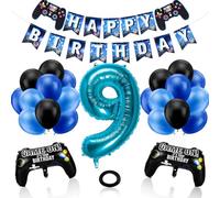 GSrenyu 9th Birthday Decorations for Boys, Gaming Theme Party Decorations Set for Gamers, Happy Birthday Banner Game Controller Balloons Black Blue Balloons for Kids Party Supplies