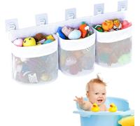 GSrenyu Bath Toys Organizer Net, Large Hanging Storage Holder with 3 Compartment 60cm Quick Drying Tidy Mesh Bag for Bathroom Toy with 5 Strong Self Adhesive Hooks