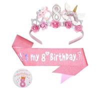 GSrenyu Birthday Girl Headband, 8th Floral Birthday Crown Set
