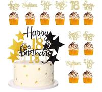 GSrenyu Happy Birthday Cake Topper 18th, 48Pcs Personalised Happy 18th Cake Decoration with Number Candles Star Cupcake Picks Birthday Sign Glitter Black and Gold Cakes Decoration for Boy Girl