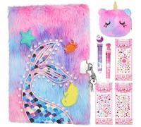 GSrenyu Mermaid Diary for Girls with Lock and Keys | Kids Journal School Travel Notebook Gift Set for Writing and Drawing, Multicolored Pen,Stickers,Birthday Gift for Girls