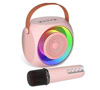 Gsrimgratoe Mini Karaoke Machine, Portable Bluetooth Speaker 1 Wireless Microphone for Children and Adults with LED Lights, Pink