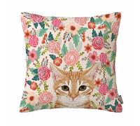 GSRONY Cat Throw Pillow Covers Orange Portrait Tabby Cat Spring Florals Cushion Pillow Case Home Decor Pillowcase 18x18 Inches