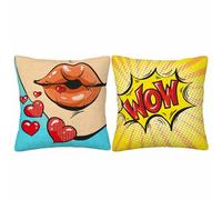 GSRONY Pop Art Throw Pillow Covers Set of 2,Heart Kisses Amazed Wow Pop Art Comic Style Decorative Pillow Case Home/Car Decor 18X18 Inches Two Pillowcases