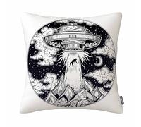 GSRONY Retro Space Throw Pillow Covers,Alien Spaceship UFO Abducting Human Cotton Linen Decorative Cushion Case 18x18 Inch for Living Room Bedroom Home Decor