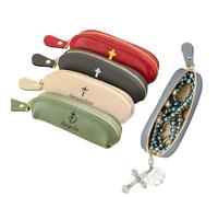 GSTFY Personalised Cross Rosary Bag Leather Zipper Custom Name Rosary Bead Pouch Catholic Mini Coin Purse Birthday Christian Gifts for Women Men Mother 12 Colors