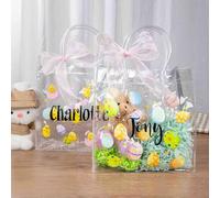 GSTFY Personalised Easter Basket Custom Initial Name Easter Gift Bag with Pink Bow Ribbon PVC Transparent Eggs and Chicks Bag Easters Egg Hunt Bags Party Favor Gift for Kids/Girls/Boys