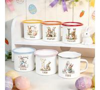 GSTFY Personalised Easter Bunny Enamel Mug with Name 12 oz Custom Cute Egg Rabbit & Floral Cup with Wooden Alphabet and Name Tin Camping Hot Chocolate Mug Easter Party Favor Gift