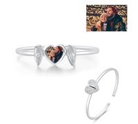 GSTFY Personalised Heart Shape Zircon Angel Wing Photo Locket Bracelet Sterling Silver 925 /Brass Custom Cuff Bangle with Picture Anniversary Birthday Memorial Gift for Wife Mother Grandma