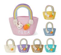 GSTFY Personalised Name Easter Basket Cotton Customise Bunny Baskets with Rainbow Handle Rabbit Carrot Egg Hunt Bucket Bags Easter Party Decorations Gifts for Kids Daughter Son
