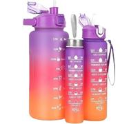 GSV Essentials Motivational Fitness Sports Water Bottles with Straw, Sports Water Bottle With Time Markings, Leak-proof, BPA-free Plastic, 3 Pcs (2L, 700ML, 300 ML),Purple