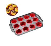 GSV Essentials Silicone Muffin Tray Non-Stick Mini Cupcake Pan with Metal Reinforced Frame - 6 Cup / 12 Cup Muffin Tins Easy Release, Foldable & Dishwasher Safe Baking Pan, (Red, 12 Cup Mould)