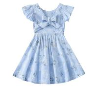 GSVIBK Toddler Girls Cotton Dress Flutter Sleeves Baby Backless Dresses Kids Bowknot Boho Beach Ruffle Summer Dress, Blue floral design, 5 Years