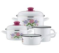GSW 189972 Hortensie Hydrangea Saucepan Set of 6, Steel Enamel, Plastic, White
