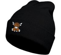gswirmchsq Scottish Highland Cow Beanie Hat Black, Cute Funny Cow Embroidery Winter Knit Skull Cap for Adult Men Women, Black, One Size