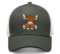 gswirmchsq Scottish Highland Cow Hat, Cute Embroidery Mesh Baseball Cap Trucker Hats Highland Cow Gifts for Women Men, 01-olive Green, One size
