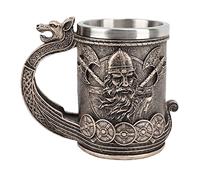 Gsycle Viking Beer Mug 17oz Stainless Steel Liner Resin Tankard Coffee Cup | Hand-painted medieval Norse stein, 304 SS interior, vintage oak design, unique gift for Dad, bar decor