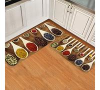 Gsypo Spices Kitchen Rugs Set 2 Pieces, Colorful Spices in Wooden Spoons Kitchen Pictures Non Slip Comfort Standing Floor Mat, Entryway Doormat Water Absorbent Washable Runner 16"x24" + 16"x47"
